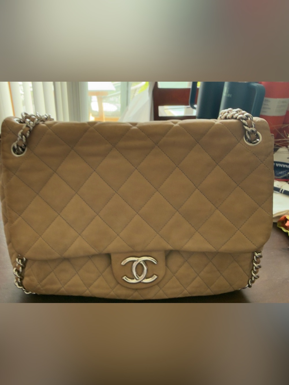 CHANEL Quilted Shoulder Bag in Camel Beige Maxi Chain around  strap